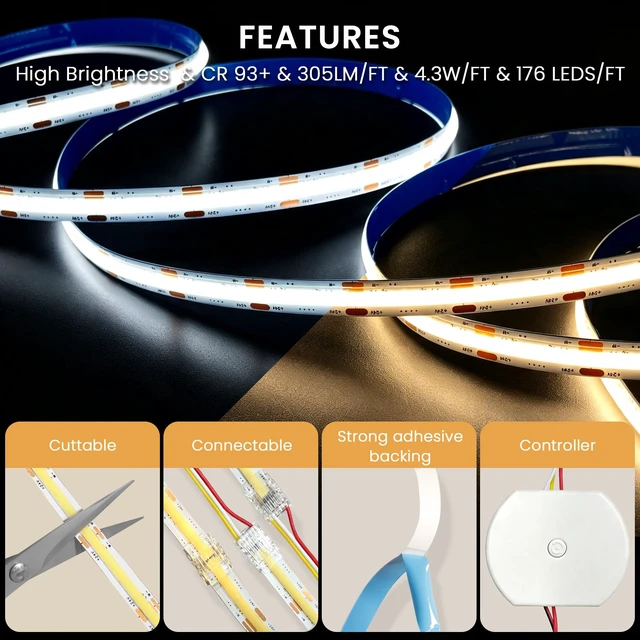 Alt view image 5 of 7 - 24V CCT COB LED Strip Light 32.8FT Kit, 2700K-6500K Cuttable with Alexa | COB LED Dimmable CRI 93+ 4W+/FT LED Tape Lights with Power Supply for Bedroom Kitchen Cabinet Living Room Ceiling