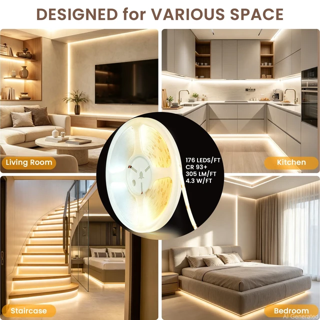 Alt view image 6 of 7 - 24V CCT COB LED Strip Light 32.8FT Kit, 2700K-6500K Cuttable with Alexa | COB LED Dimmable CRI 93+ 4W+/FT LED Tape Lights with Power Supply for Bedroom Kitchen Cabinet Living Room Ceiling
