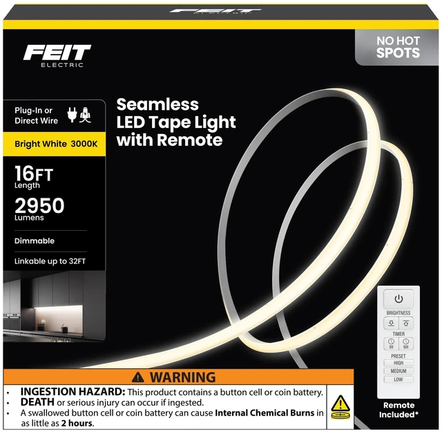 Main image of 16 ft COB LED Tape Light, 3000K, Remote Dimming, Plug-in | Adhesive Backing, Dry Indoor, Direct-Wire Installation, 36W, RF Remote Included, 2950 Lumens Total, Bright White, Ultrathin