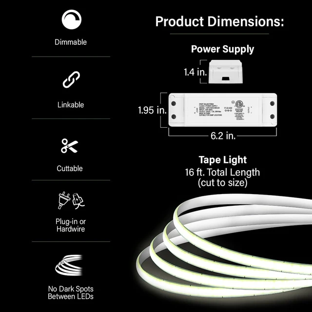Alt view image 2 of 7 - 16 ft COB LED Tape Light, 3000K, Remote Dimming, Plug-in | Adhesive Backing, Dry Indoor, Direct-Wire Installation, 36W, RF Remote Included, 2950 Lumens Total, Bright White, Ultrathin