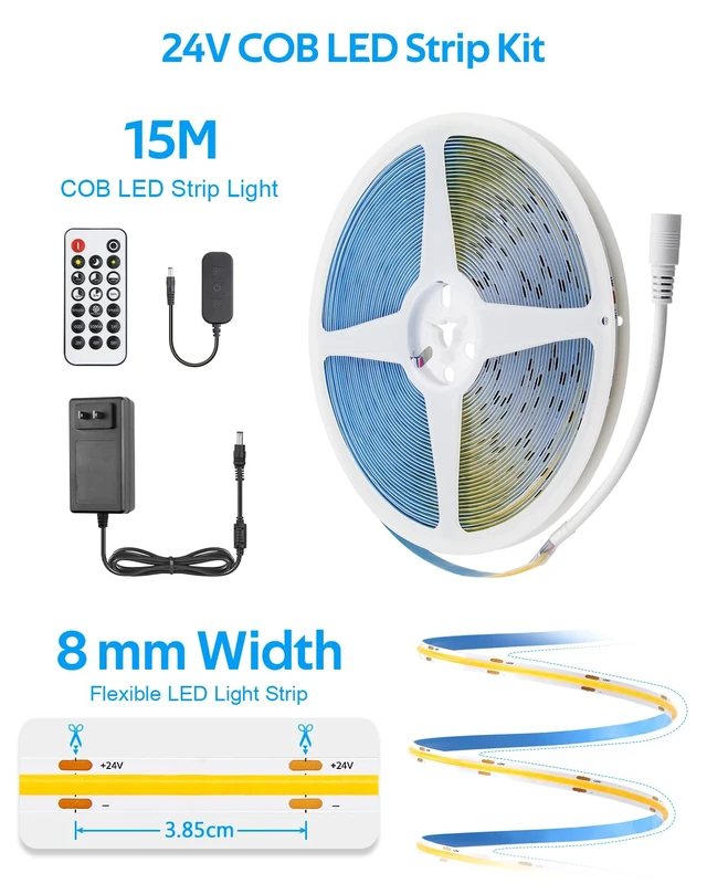 Alt view image 6 of 7 - 50FT LED Strip Lights COB 3000K Warm White Dimmable 24V LED Light Strip Kit High Density Bright Tape Lights with Power Supply for Cabinet Display Home DIY Lighting Projects CRI85+ 320LEDs/M