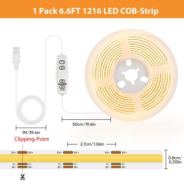 Alt view image 5 of 7 - COB LED Strip Lights 6.6 FT, Dimmable 2700k-6500k USB Powered | Color Temperature Tunable,CRI90+,Memory,5V Flexible&Cuttable,Timer Led Tape Light for Cabinet Lights,Bedroom,TV Backlight