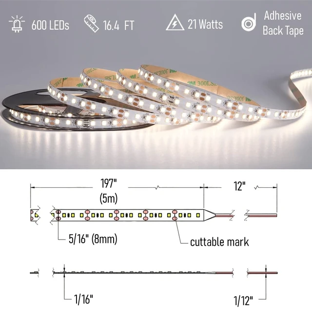 Alt view image 7 of 7 - RV Flexible LED Strip Light 12V Dimmable Tape Light 16.4 ft 600 LEDs 2000 Lumen Width 5/16 for Camper Van Motorhome Truck Trailer Interior Lighting, CRI 90+ Indoor Only (3000K)