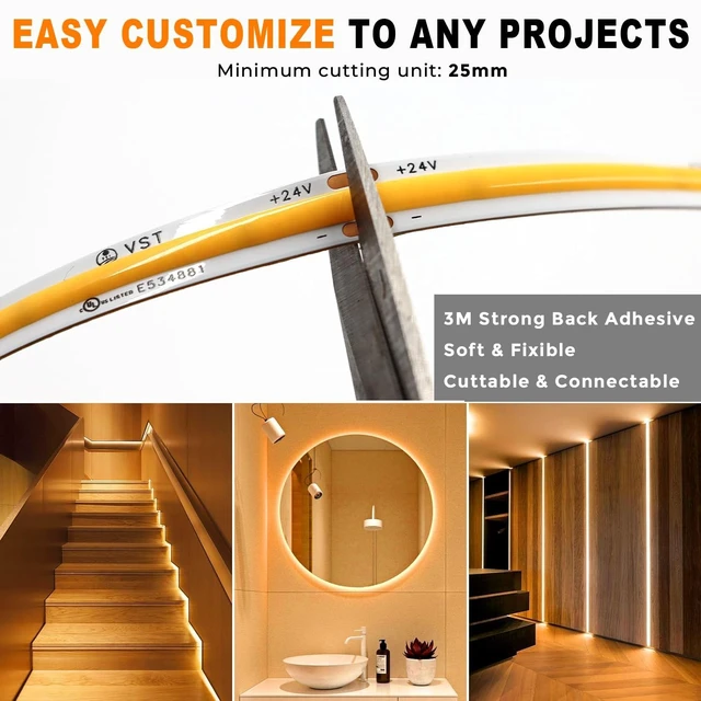 Alt view image 7 of 7 - Cob LED Strip Light 16.4ft, 12V Tape Lights, Warm White 2700K, Cuttable | 2400 LED, Self-Adhesive, 8mm, 9.6w/m, UL Listed, CRI 93+, Rope Lighting for Kitchen, Cabinet (Power Source Not Included)