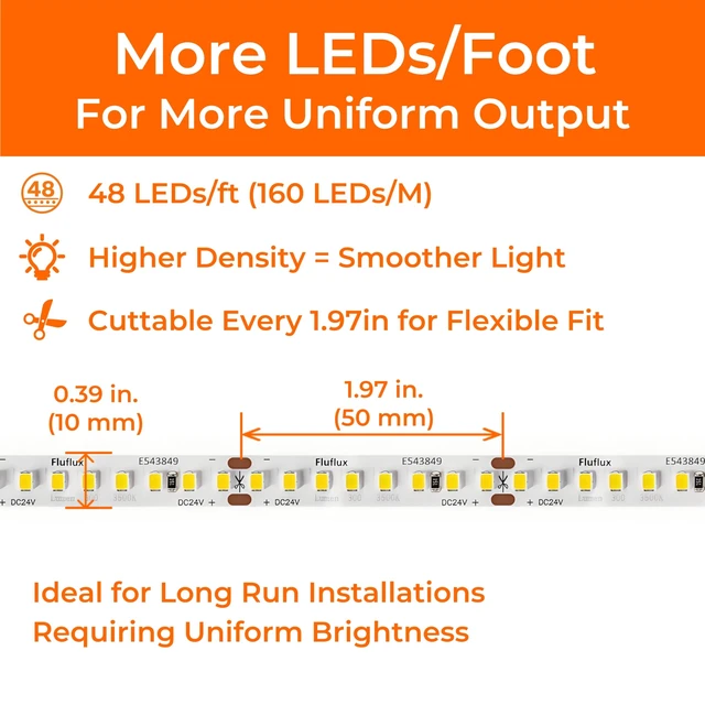 Alt view image 6 of 7 - 24V 2835 SMD LED Strip Light, UL Listed, 32.8ft, 3500K, 344lm/ft | CRI 95+ tape lights; high density 48 LEDs/ft; 2.6W/ft, VHB backing; dimmable, cuttable; high efficacy; No power supply