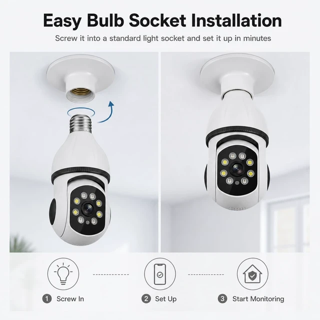 Alt view image 3 of 7 - 2K Light Bulb Security Camera for Home, 360° Pan Tilt Indoor Outdoor Camera with Color Night Vision, Motion Detection, Two-Way Audio, App Remote Control, E27 Easy Installation