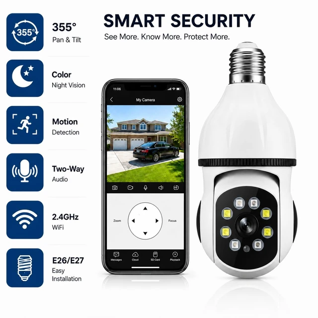 Alt view image 2 of 7 - 2K Light Bulb Security Camera for Home, 360° Pan Tilt Indoor Outdoor Camera with Color Night Vision, Motion Detection, Two-Way Audio, App Remote Control, E27 Easy Installation
