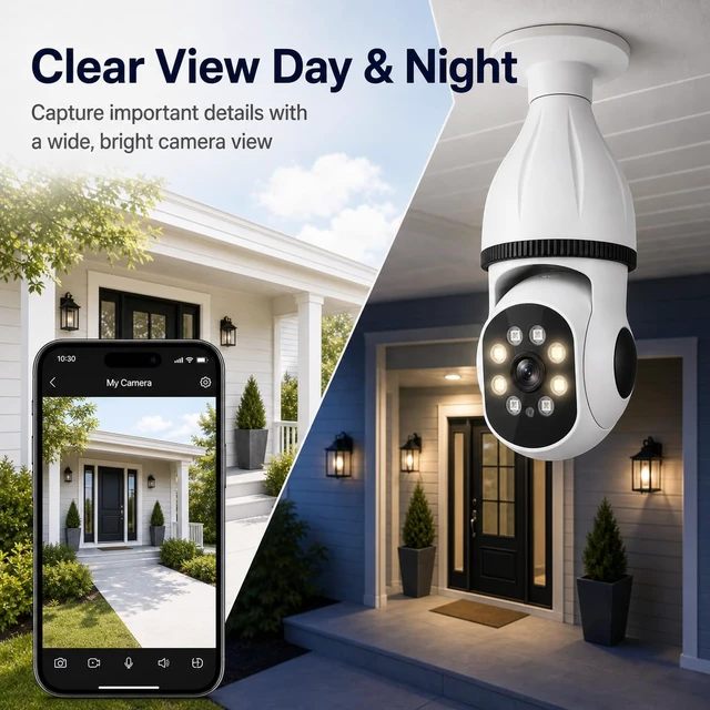 Alt view image 6 of 7 - 2K Light Bulb Security Camera for Home, 360° Pan Tilt Indoor Outdoor Camera with Color Night Vision, Motion Detection, Two-Way Audio, App Remote Control, E27 Easy Installation