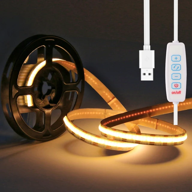 Main image of 5V USB LED Strip Light 3.28ft Under Cabinet Tape Lights TV Lights | Dimmable COB LED Lights 640LEDs 6000K White Cuttable LED Light Strip for TV Under Cabinet Kitchen Living Room Shelving