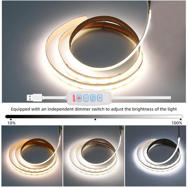 Alt view image 3 of 7 - 5V USB LED Strip Light 3.28ft Under Cabinet Tape Lights TV Lights | Dimmable COB LED Lights 640LEDs 6000K White Cuttable LED Light Strip for TV Under Cabinet Kitchen Living Room Shelving