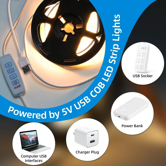 Alt view image 4 of 7 - 5V USB LED Strip Light 3.28ft Under Cabinet Tape Lights TV Lights | Dimmable COB LED Lights 640LEDs 6000K White Cuttable LED Light Strip for TV Under Cabinet Kitchen Living Room Shelving