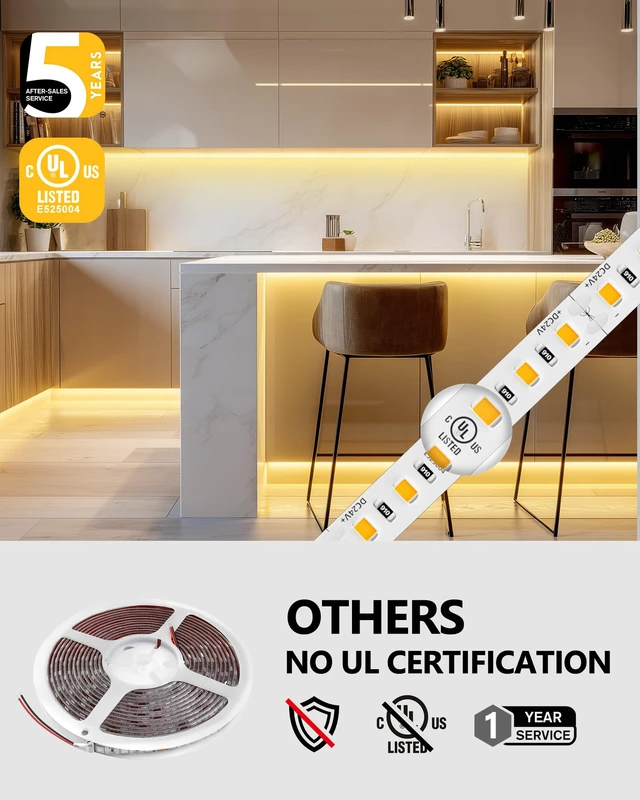 Alt view image 4 of 7 - Warm White LED Strip Lights 3000K,16.4ft UL 24V Tape Light,600LEDs | Ra 95+,IP30,2.9W/ft,240+Lumens/ft,5 Year Warranty(Power Supply Sold Separately)for bedroom,living room,kitchen