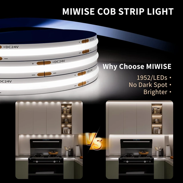 Alt view image 2 of 7 - COB LED Strip Light 20ft/6.1m,CRI 90+ Daylight White 6000K High Lumen Dimmable Super Bright Flexible DC24V LED Tape Light with Controller/Dimmer,for Cabinet Home Office DIY Lighting Projects