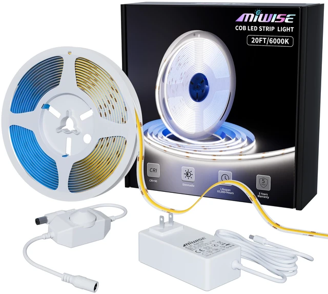 Main image of COB LED Strip Light 20ft/6.1m,CRI 90+ Daylight White 6000K High Lumen Dimmable Super Bright Flexible DC24V LED Tape Light with Controller/Dimmer,for Cabinet Home Office DIY Lighting Projects