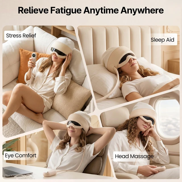 Alt view image 4 of 6 - Head and Eye Massager 2 in 1 Electric Head Massager Rechargeable | 6 Zone Kneading, 6 Level Heat, Remote Controller, Portable with View Window, Soothes Head Tension Tired Eyes