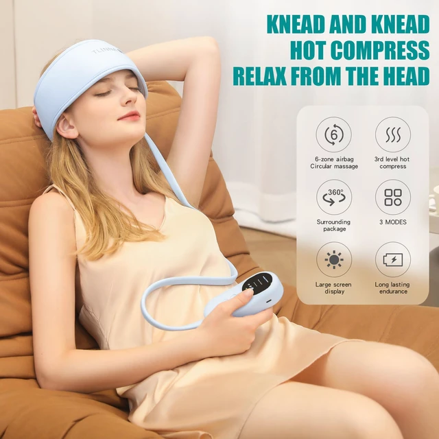 Alt view image 3 of 7 - Head Massager,Scalp Massager,Relief Headaches,Fatigue,Stress,Sleep aid,Hangover with Airbag Kneading,Constant Temperature Hot Compress for Head (Sky Blue)