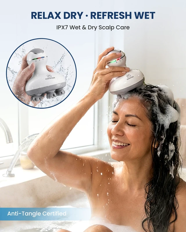 Alt view image 4 of 7 - Scalp Massager for Hair Growth, Electric Head Massager, Tangle-Free | Cordless 4-Head Kneading with 84 Massage Nodes, 2 Speeds, Dual-Direction Rotation, Soft Silicone Heads and Charging Base