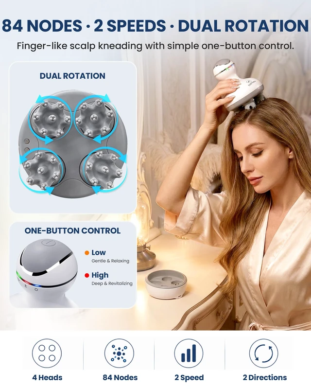 Alt view image 5 of 7 - Scalp Massager for Hair Growth, Electric Head Massager, Tangle-Free | Cordless 4-Head Kneading with 84 Massage Nodes, 2 Speeds, Dual-Direction Rotation, Soft Silicone Heads and Charging Base