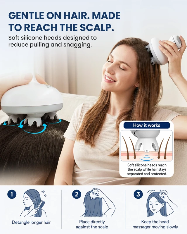 Alt view image 7 of 7 - Scalp Massager for Hair Growth, Electric Head Massager, Tangle-Free | Cordless 4-Head Kneading with 84 Massage Nodes, 2 Speeds, Dual-Direction Rotation, Soft Silicone Heads and Charging Base