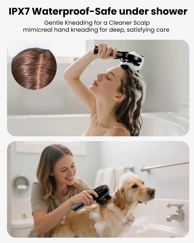 Alt view image 4 of 7 - Scalp Massager Hair Growth, Cordless Head Massager with Red Light | 8 removable claws, IPX7 Waterproof Body Massager for Stress Relax, Pet Massage, Head Scratcher, Gifts for Men, Women, Black