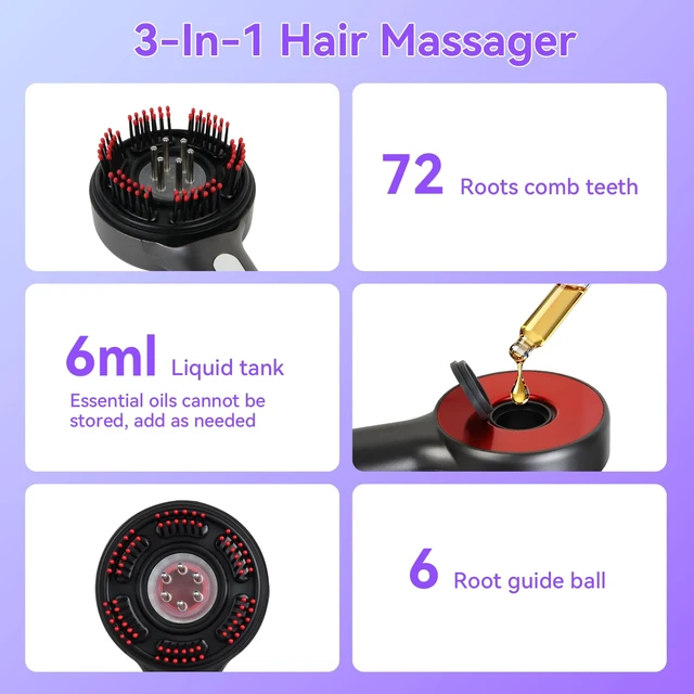Alt view image 2 of 6 - 3-In-1 Electric Scalp Massage Comb, Portable Home Hair Oil Applicator(Grey) | 3 Modes, 5 Intensity Levels, 72 Comb Teeth, 6 Roller Balls, Ipx7 Waterproof, A Built-In Oil Container,