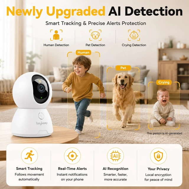 Alt view image 4 of 7 - 4K Indoor Cameras for Home Security, Pet Camera with Phone App, Indoor Security Camera with AI Human & Pet Detection, 360° Pan Tilt, Auto Tracking, Night Vision, Two-Way Audio, Compatible with Alexa