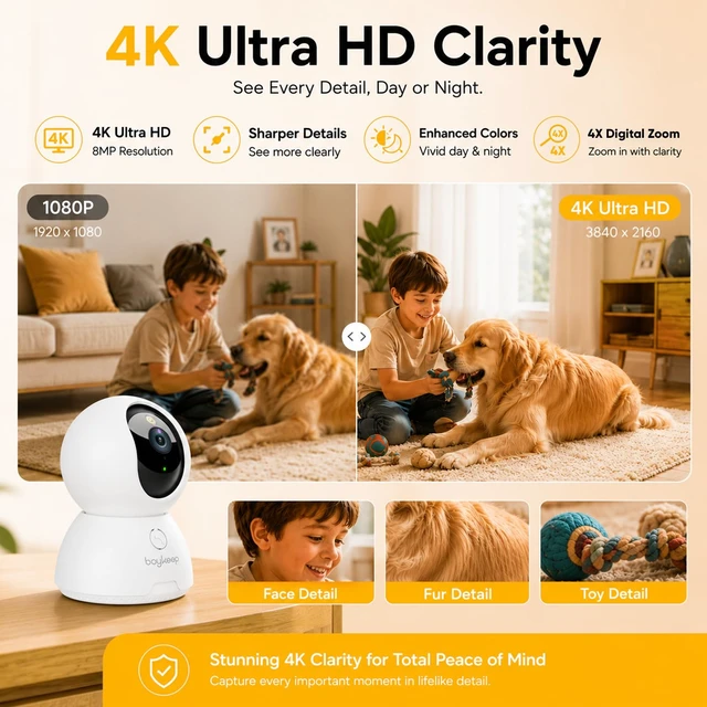Alt view image 3 of 7 - 4K Indoor Cameras for Home Security, Pet Camera with Phone App, Indoor Security Camera with AI Human & Pet Detection, 360° Pan Tilt, Auto Tracking, Night Vision, Two-Way Audio, Compatible with Alexa