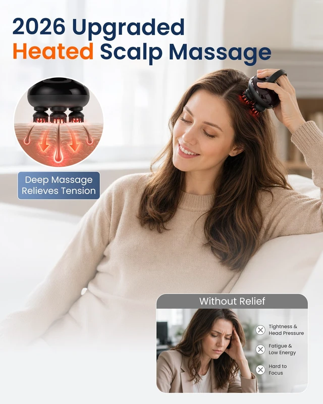 Alt view image 2 of 7 - 2026 Upgraded Heated Scalp Massager with Red Light, Wireless Rechargeable Head Massager for Hair Growth & Stress Relax at Home,Office & Travel, 3 Modes, Low Noise for Men Women
