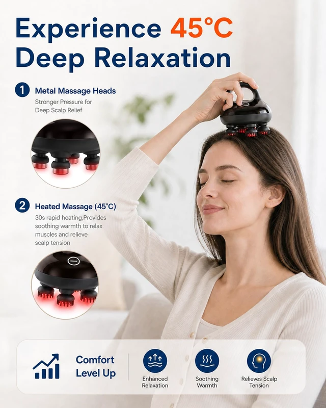 Alt view image 3 of 7 - 2026 Upgraded Heated Scalp Massager with Red Light, Wireless Rechargeable Head Massager for Hair Growth & Stress Relax at Home,Office & Travel, 3 Modes, Low Noise for Men Women