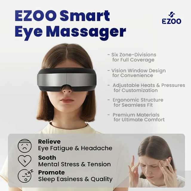 Alt view image 3 of 7 - EZOO Smart Eye Massager with Visualization Window, Five Built-in Modes and Adjustable Settings for Stress Relief, Headaches, and Sleep Aid