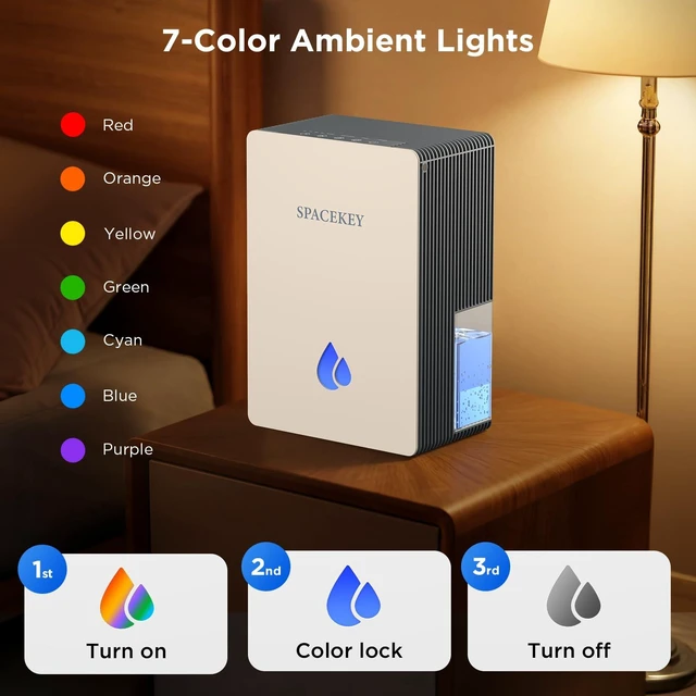Alt view image 7 of 7 - Dehumidifiers for Home, 95 OZ Water Tank Dehumidifier with Drain Hose, 1000 Sq.Ft Quiet Dehumidifiers for Bathroom Bedroom Basement RV, Timer, Auto Shut-Off, 7 Color Light, Aromatherapy, Grey & White