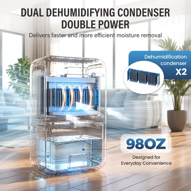 Alt view image 3 of 7 - 98 OZ Dehumidifier, Dehumidifier for Home, Bedroom, Basement, Bathroom, Smart Humidity Control, Efficient Humidity Removal, Quiet with Auto Shut-Off & Defrost, White