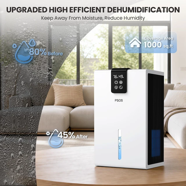 Alt view image 3 of 7 - Dehumidifier, Dehumidifiers for Home, 98 OZ Water Tank, (1000 sq.ft) Quiet Dehumidifier for Basement Bathroom Bedroom with Humidity Display, Auto Shut Off, Relaxing 7 Color Ambient Light(White)