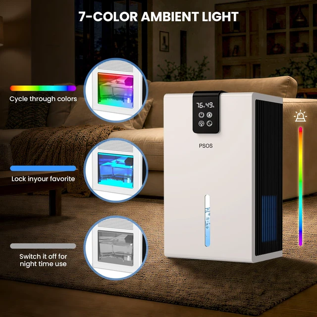 Alt view image 5 of 7 - Dehumidifier, Dehumidifiers for Home, 98 OZ Water Tank, (1000 sq.ft) Quiet Dehumidifier for Basement Bathroom Bedroom with Humidity Display, Auto Shut Off, Relaxing 7 Color Ambient Light(White)