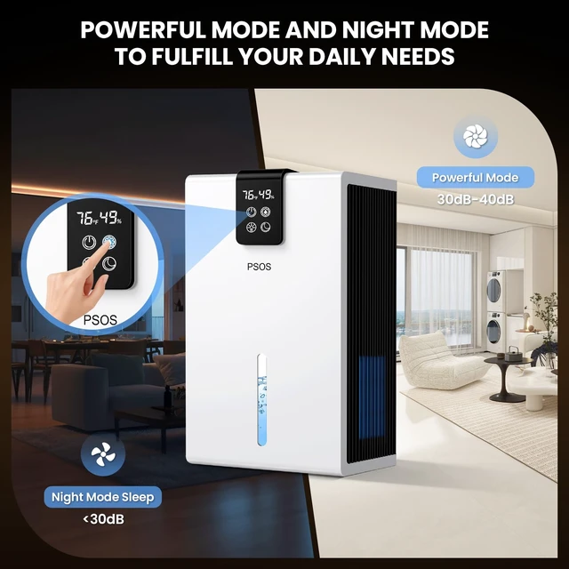 Alt view image 6 of 7 - Dehumidifier, Dehumidifiers for Home, 98 OZ Water Tank, (1000 sq.ft) Quiet Dehumidifier for Basement Bathroom Bedroom with Humidity Display, Auto Shut Off, Relaxing 7 Color Ambient Light(White)