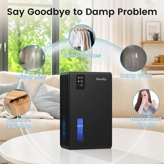 Alt view image 2 of 7 - Dehumidifiers for Home, 1000 Sq Ft Dehumidifier with 95oz Tank Auto Shutoff | Quiet for Bedroom, Bathroom and Basement with Sleep Mode 7-Color LED Light, Black