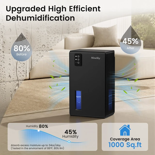 Alt view image 3 of 7 - Dehumidifiers for Home, 1000 Sq Ft Dehumidifier with 95oz Tank Auto Shutoff | Quiet for Bedroom, Bathroom and Basement with Sleep Mode 7-Color LED Light, Black