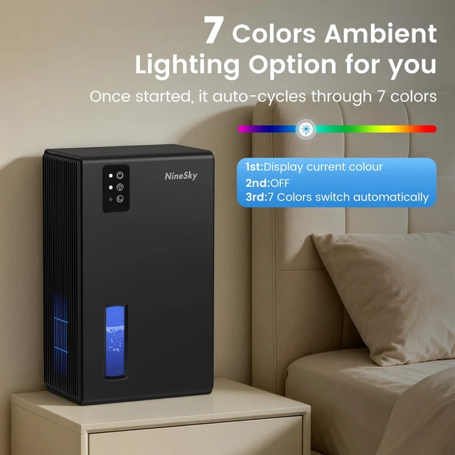 Alt view image 6 of 7 - Dehumidifiers for Home, 1000 Sq Ft Dehumidifier with 95oz Tank Auto Shutoff | Quiet for Bedroom, Bathroom and Basement with Sleep Mode 7-Color LED Light, Black