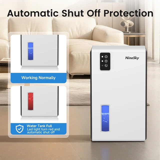 Alt view image 6 of 7 - Dehumidifiers for Home, 1000 Sq Ft Dehumidifier with 95oz Tank Auto Shutoff | Quiet for Bedroom, Bathroom and Basement with Sleep Mode 7-Color LED Light, White