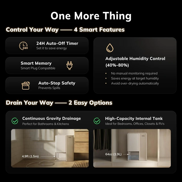 Alt view image 6 of 7 - 1000 Sq.Ft Small Dehumidifier,Next-Gen Thermoelectric Tech,Timer | 64oz Water Tank,Dehumidifier with Drain Hose for Small Space ,Not for Basement,for Bedroom,Bathroom,RV,Smart Humidistat,Quiet