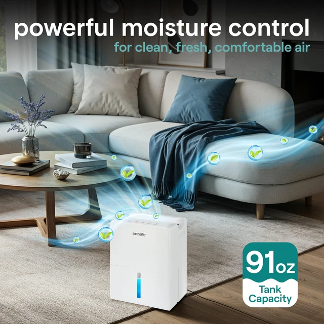 Alt view image 2 of 7 - 2-in-1 Dehumidifier for Home, Portable Cylinder, 91 Oz Tank | 17 Oz/Day, 91 Oz Tank, Removable Cylinder, 45-55% Humidity Control, 50dB