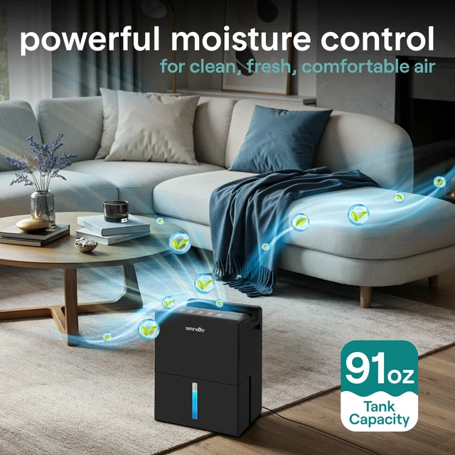 Alt view image 2 of 7 - 2-in-1 Dehumidifier for Home, Portable Cylinder, 91 Oz Tank | 17 Oz/Day, 91 Oz Tank, Removable Cylinder, 45-55% Humidity Control, 50dB
