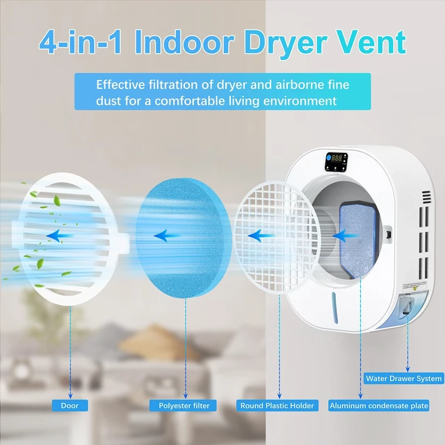 Alt view image 6 of 7 - 4-in-1 Indoor Dryer Vent With Dehumidifier for Protect Furniture | Electric Dryer Kit Lint Trap Intelligent Temperature and Humidity Display apartments condos basements garages