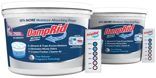 Main image of Hi-Capacity Moisture Absorber Bucket, Lavender Vanilla, 2 lb. 15.5 oz. & Moisture Detection Strip (2 Pack), Attracts & Traps Excess Moisture