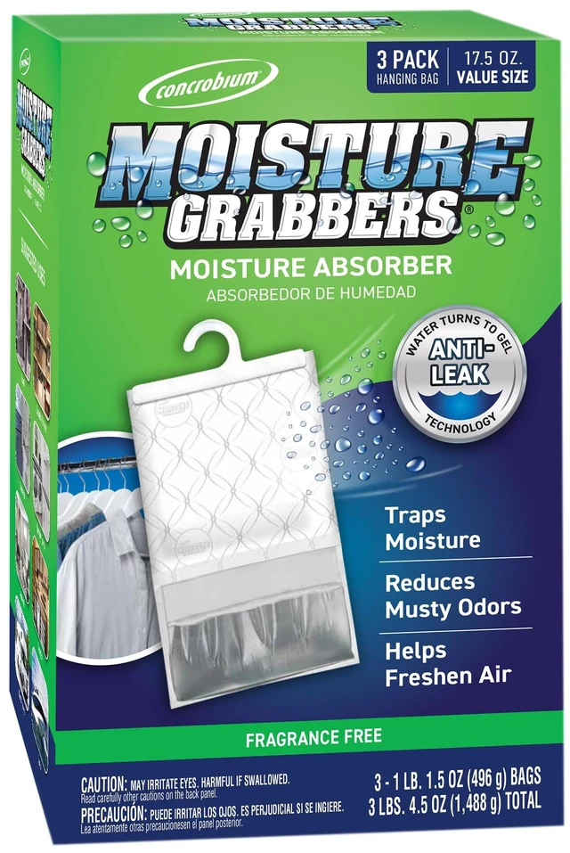 Main image of Moisture Grabbers, 3-Pack 17.5 oz Bags (Fragrance-Free) Powerful Moisture Absorber with Anti-Leak Gel, Covers Up to 350 cu ft, Eliminates Musty Odors for Fresher Air