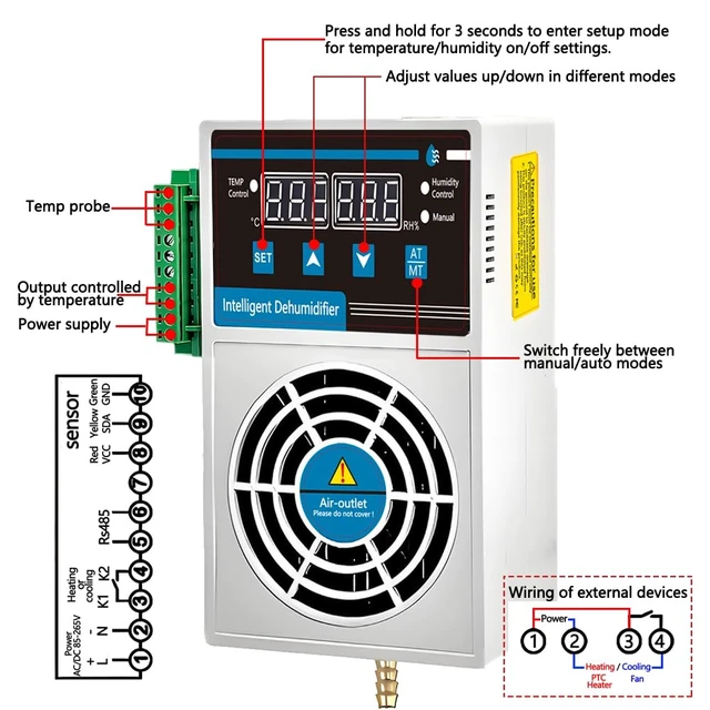 Alt view image 5 of 7 - Grow Tent Dehumidifier, Smart Temperature and Humidity Controller | Auto Dehumidification Kit with External Heating or Cooling Interface, Fit for Safes/Cabinets/Electric Box/Closets