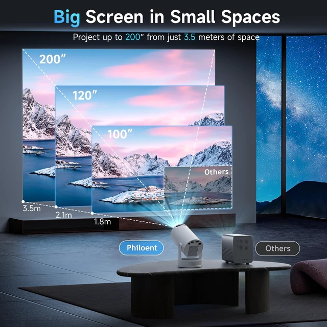 Alt view image 5 of 7 - Philoent Mini Projector with WiFi 6 and BT 5.4, Built-in Apps 2026 Upgraded | 1080P/4K Support, 180° Rotation, Wi-Fi 6 & Bluetooth 5.4, Automatic Keystone Correction, Fast Focus, 25 dB for home cinema
