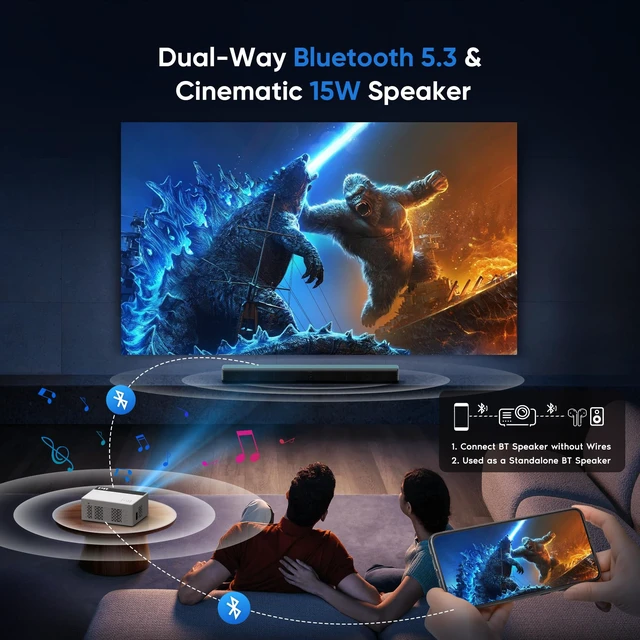 Alt view image 4 of 7 - TMY Native 1080P Mini Portable Projector, 2-way Bluetooth, with 80in Screen | 4K Support, 15W Powerful Speaker, Indoor/Outdoor Movies, Zoom & Timer Shutdown, TV Stick/Phone/PC/PS5/DVD/HDMI/USB