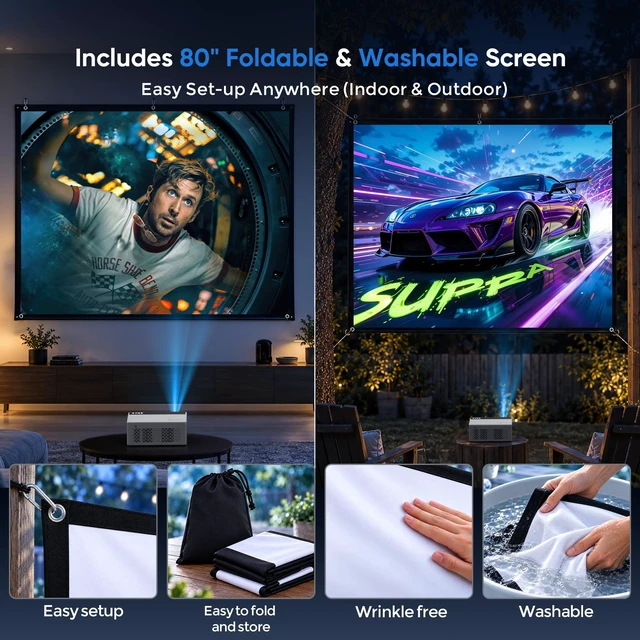 Alt view image 3 of 7 - TMY Native 1080P Mini Portable Projector, 2-way Bluetooth, with 80in Screen | 4K Support, 15W Powerful Speaker, Indoor/Outdoor Movies, Zoom & Timer Shutdown, TV Stick/Phone/PC/PS5/DVD/HDMI/USB