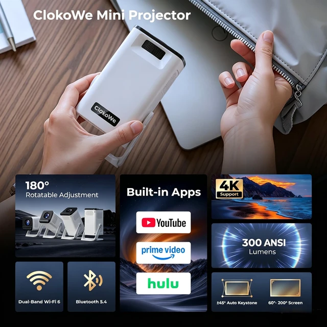 Alt view image 2 of 7 - Mini Projector with WiFi and Bluetooth, Portable Proyector 4K 1080P Support | Smart Projector with Built-in Apps, Auto Keystone, Compatibile with Smartphone/Laptop/HDMI/USB, Movie Projector for Bedroo